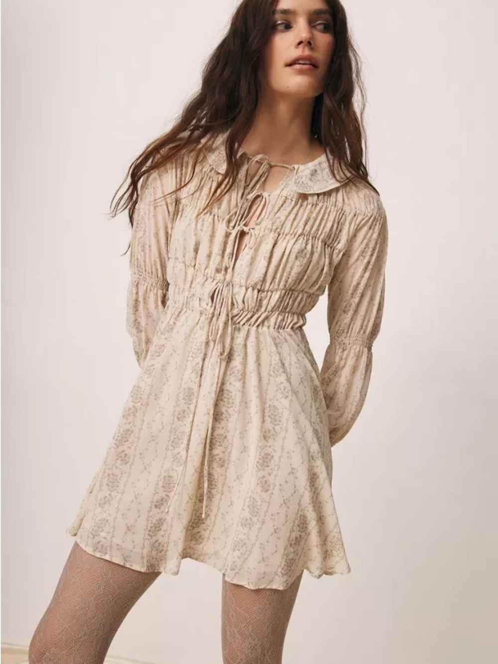 Kimchi Blue Lonie Cream Lace-Print Tie-Front Mini Dress